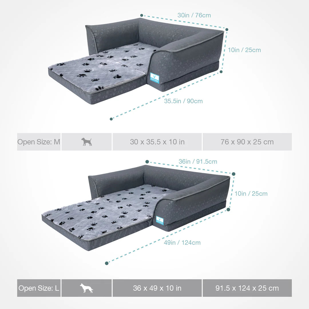 Grey Orthopedic Fold-Out Dog Sofa With Cooling-Silk Bed