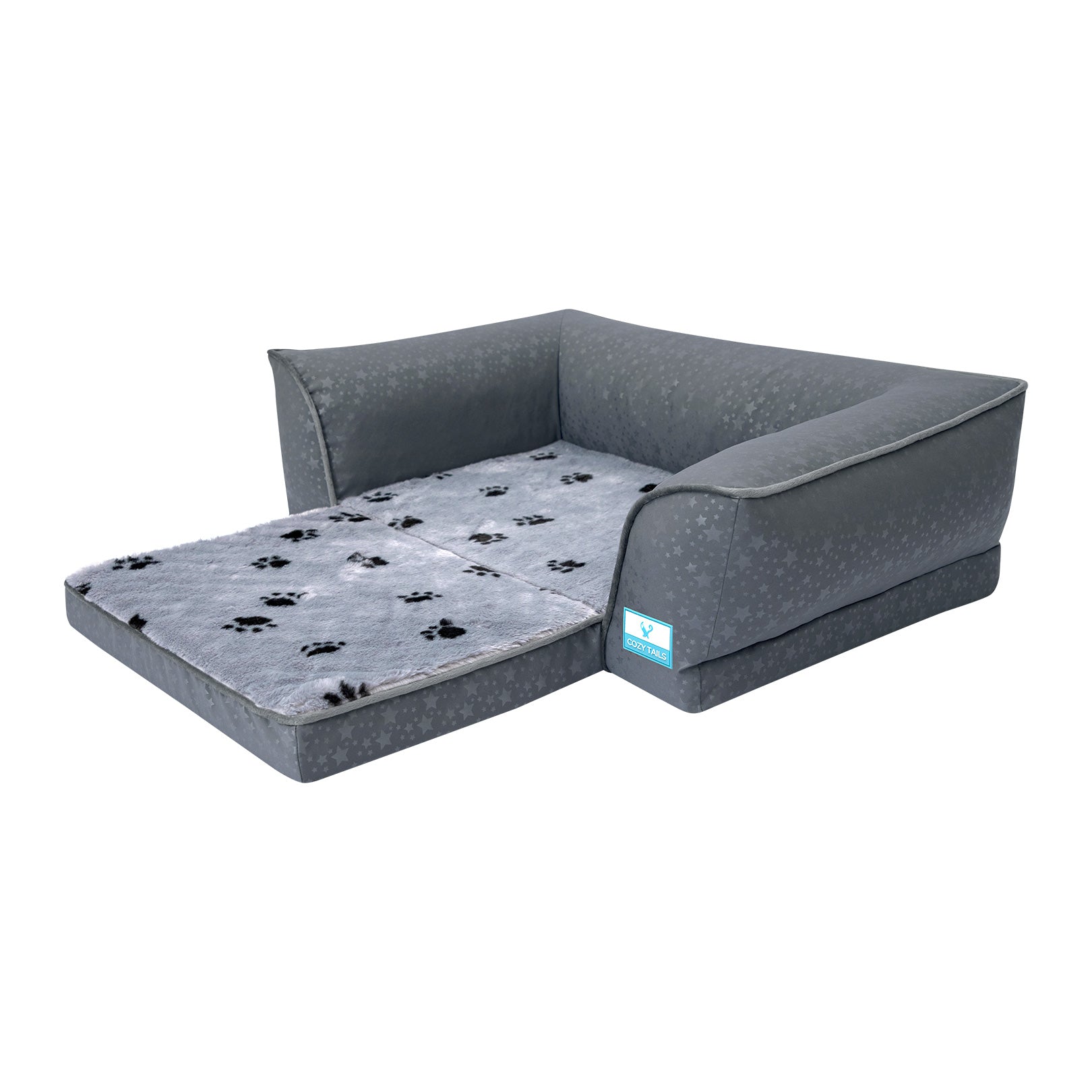 Grey Orthopedic Fold Out Dog Sofa With Warm Fur Bed