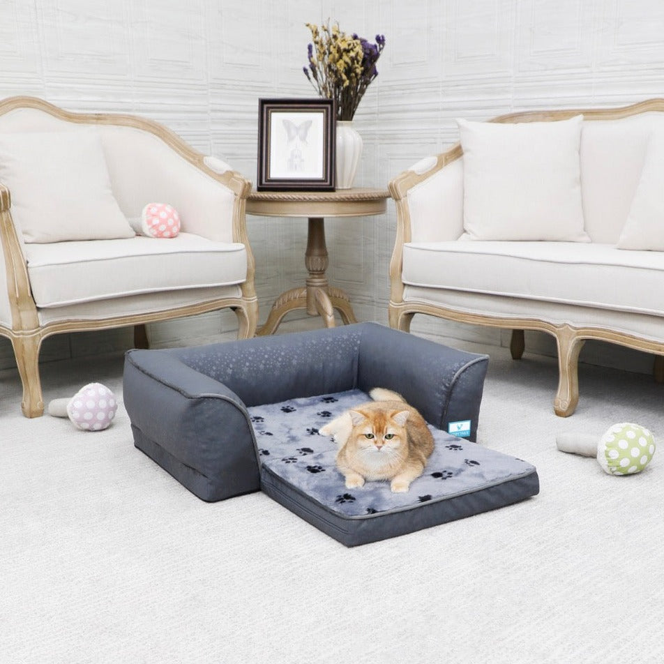 Grey Orthopedic Fold Out Dog Sofa With Warm Fur Bed