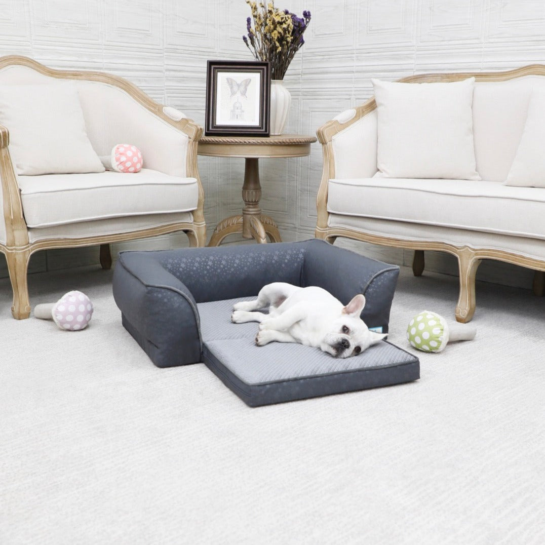 Grey Orthopedic Fold-Out Dog Sofa With Cooling-Silk Bed